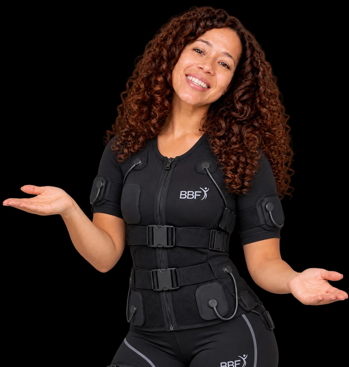 Colaboradora de Body Beauty Fitness con el traje de electrofitness de la marca